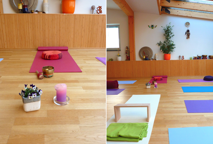 Zwei Impressionen aus dem Yogaraum im Wellnesszentrum in Karlsfeld.
